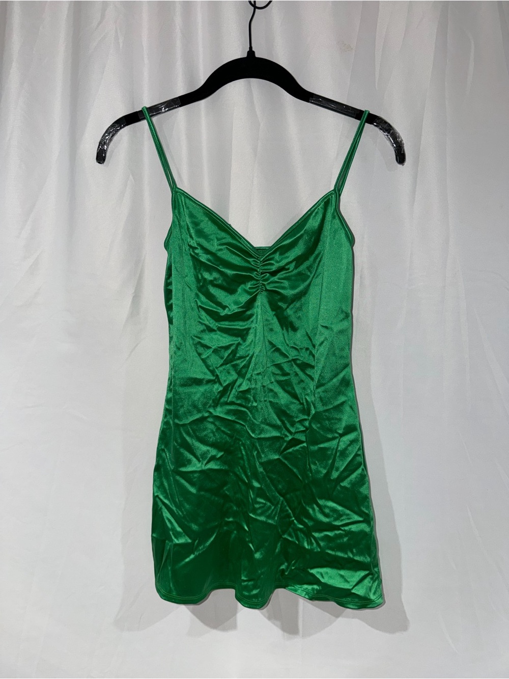 Victoria’s Secret Emerald Dress Green Satin Slip V Neck Ruched Mini Made USA S